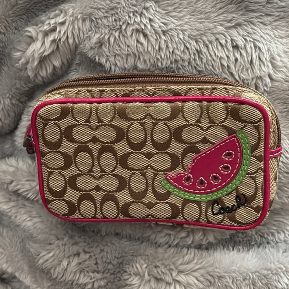 Vintage and very rare Coach Khaki and Pink Watermelon Pouch/Case.
